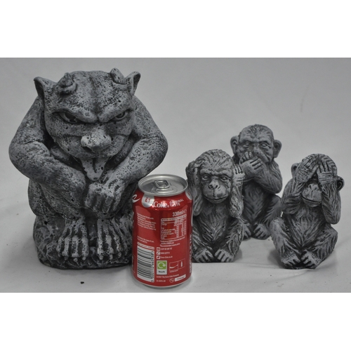 130 - 4 CONCRETE GARDEN ORNAMENTS - 3 MONKEYS (SEE, HEAR, SPEAK NO EVIL) AND GARGOYLE