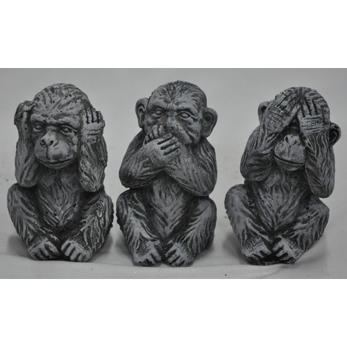 130 - 4 CONCRETE GARDEN ORNAMENTS - 3 MONKEYS (SEE, HEAR, SPEAK NO EVIL) AND GARGOYLE