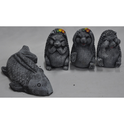 134 - 4 CONCRETE GARDEN ORNAMENT - 3 HEDGEHOGS (SEE, HEAR, SPEAK NO EVIL) AND FISH