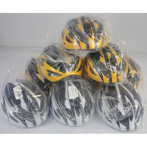 157 - 9 NEW BICYCLE HELMETS. 6 X YELLOW/GREY/BLACK AND 3 X WHITE/GREY/BLACK