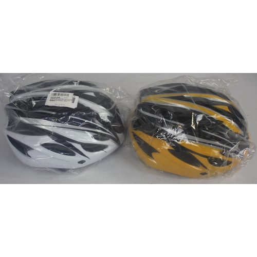 157 - 9 NEW BICYCLE HELMETS. 6 X YELLOW/GREY/BLACK AND 3 X WHITE/GREY/BLACK