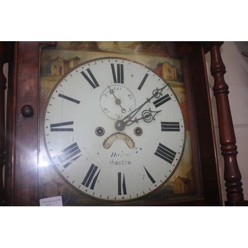 165 - LONGCASE GRANDFATHER CLOCK WITH FLAME MAHOGANY VENEERS AND SWAN PEDIMENT BY HARRIS CANTON C/W PENDUL... 