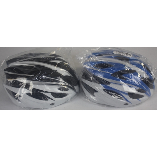 174 - 9 NEW BICYCLE HELMETS. 6 X BLUE/GREY/BLACK AND 3 X WHITE/GREY/BLACK