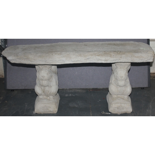 215 - STONEWORK TIMBER DESIGN STRAIGHT SEAT ON SQUIRREL PLINTHS (H48, L100cm)