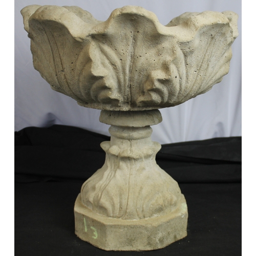 229 - STONEWORK TULIP DESIGN URN ON HEXAGONAL BASE (IN 2 PIECES) (H49, W47cm).  WITH OPTION OF LOT 230