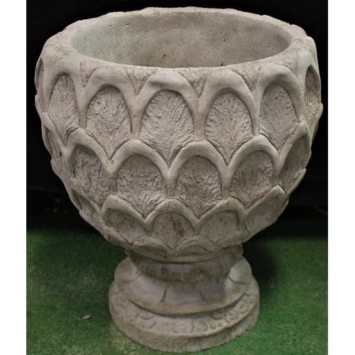 236 - DEEP STONEWORK PINEAPPLE PATTERN PLANTER ON CIRCULAR BASE (COMES IN 2 PIECES) (H50, W38cm).  WITH OP... 