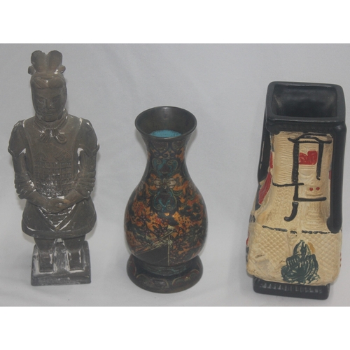 260 - VARIOUS CHINESE ORNAMENTS - EMPEROR TOMB WARRIOR, 1890s CLOISONNE MANDARIN VASE, TOOTHPICK JARS, DAM... 