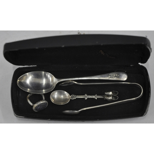 272 - 4 SILVER ITEMS - 2 SPOONS, SUGAR TONGS AND RING