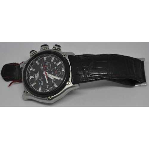 306 - GENTS STAINLESS STEEL AND BLACK EBEL 1911 BTR CHRONOGRAPH WATCH - AUTOMATIC WITH BLACK DIAL AND RED ... 