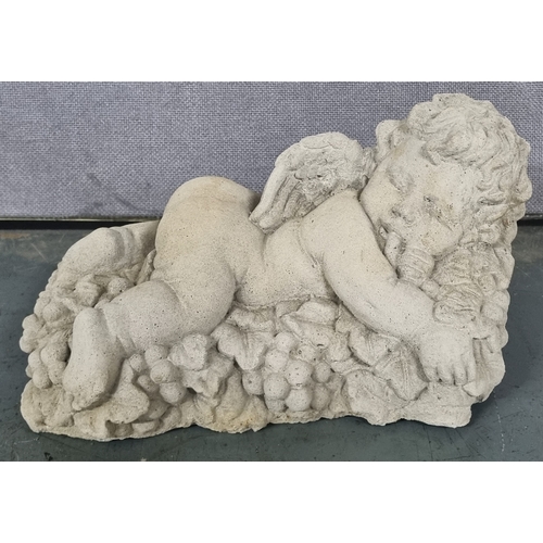 359 - 2 STONEWORK WALL MOUNTED PLAQUES (CHERUB'S FACE & LADY'S FACE) & SMALL CHERUB LYING ON BED O... 