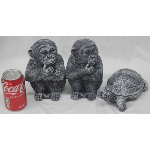 61 - 3 GARDEN ORNAMENTS - 2 CHIMPANZEES AND A TURTLE