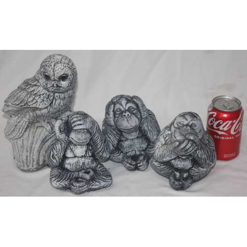 70 - 4 GARDEN ORNAMENTS - 1 OWL AND 3 MONKEYS (SEE, HEAR, SPEAK NO EVIL)