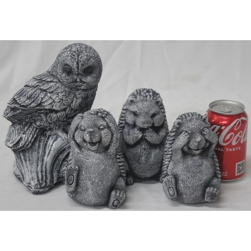 75 - 4 GARDEN ORNAMENTS - 3 HEDGEHOGS ( SEE, HEAR, SPEAK NO EVIL) AND A OWL