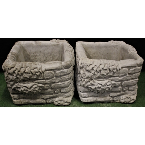 97 - PAIR STONEWORK BRICK PLANTERS FESTOONED WITH IVY (37cm)