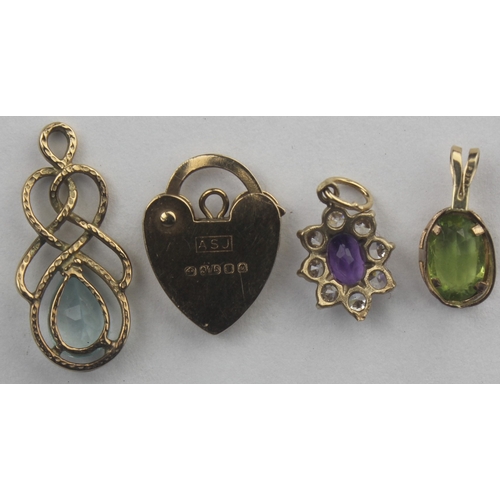 238 - 4 PENDANTS - 1 HALLMARKED 9CT GOLD PADLOCK, 1 9CT GOLD PERIDOT PENDANT, 1 YELLOW METAL BLUE TOPAZ PE... 