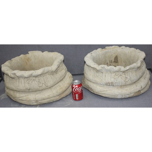 174 - PAIR LARGE STONEWORK SACK DESIGN PLANTERS (EACH H25, W39cm)