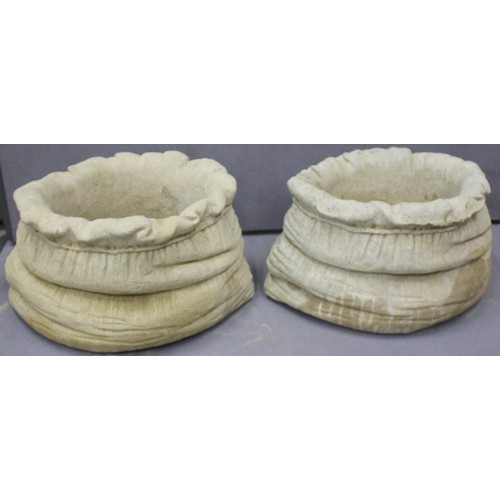 174 - PAIR LARGE STONEWORK SACK DESIGN PLANTERS (EACH H25, W39cm)