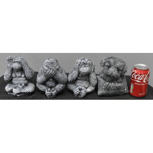 48 - 4 GARDEN ORNAMENTS - 3 MONKEYS (SEE, HEAR SPEAK NO EVIL) AND WELCOME SIGN PUPPY