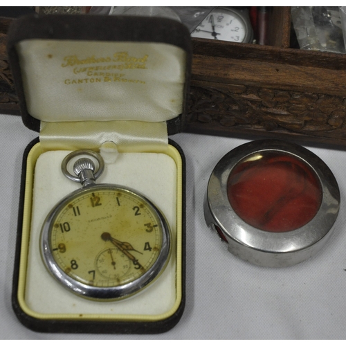 64 - BOX OF WATCH PARTS, POCKET WATCH AND WATCH CASE