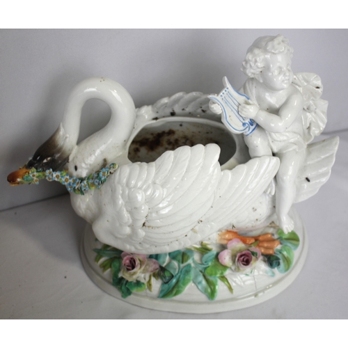 78 - MISCELLANEOUS INCLUDING MEISSEN STYLE SWAN PLANTER, BLUE STRIPED BOWL & CHINESE BRASS BOWL