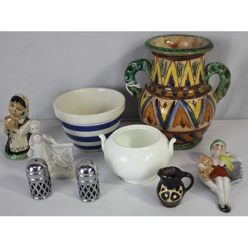 78 - MISCELLANEOUS INCLUDING MEISSEN STYLE SWAN PLANTER, BLUE STRIPED BOWL & CHINESE BRASS BOWL