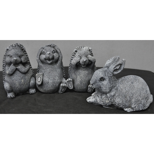 136 - 4 GARDEN ORNAMENTS - 3 HEDGEHOGS (SEE, HEAR, SPEAK NO EVIL) AND A BUNNY