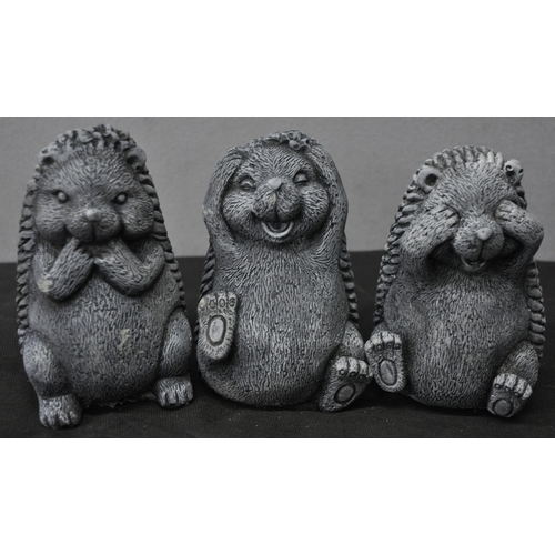 136 - 4 GARDEN ORNAMENTS - 3 HEDGEHOGS (SEE, HEAR, SPEAK NO EVIL) AND A BUNNY