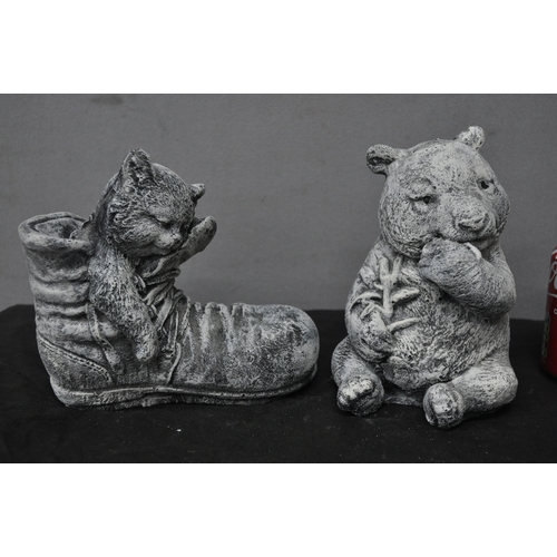 176 - 4 GARDEN ORNAMENTS - SLEEPING KITTEN IN BOOT, BOXER DOG HEAD, TURTLE AND BEAR EATING BAMBOO