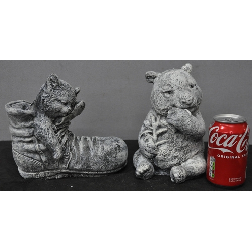 176 - 4 GARDEN ORNAMENTS - SLEEPING KITTEN IN BOOT, BOXER DOG HEAD, TURTLE AND BEAR EATING BAMBOO