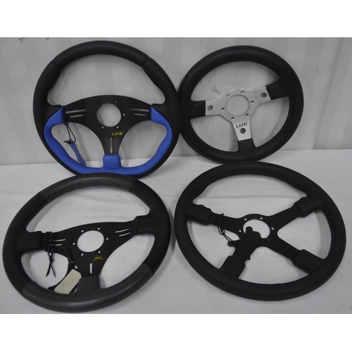 177 - 4 NEW LUISI STEERING WHEELS - 2 IN BLACK AND BLUE AND 2 IN BLACK