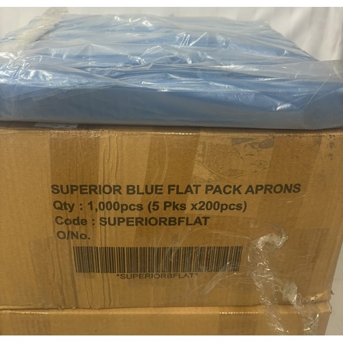 97 - 1 BOX OF DISPOSABLE MEDICAL FACE MASKS (2000) AND 3 BOXES OF SUPERIOR BLUE FLAT PACK APRONS (1000 PE... 