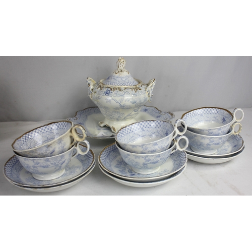 118 - PART TEA SETS INCLUDING BLUE & WHITE c1860 WITH COVERED SUGAR BOWL, JAPANESE c1890