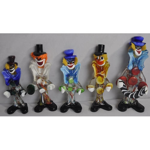 5 COLOURED GLASS CLOWNS