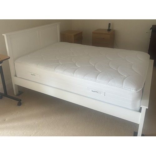 2 - WHITE DOUBLE BED FRAME WITH SLUMBERLAND MATTRESS.  SLIGHT DAMAGE TO THE FOOTBOARD