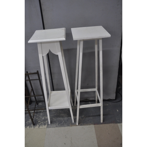 21 - 2 PAINTED PLANT STANDS, SEWING BASKET, FOLDING OVAL TOP TABLE & FOLDING STAND