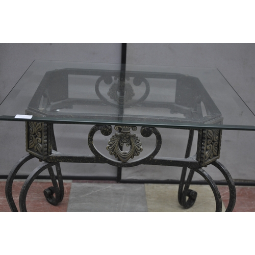 29 - IRON BASED, GLASS TOP COFFEE TABLE