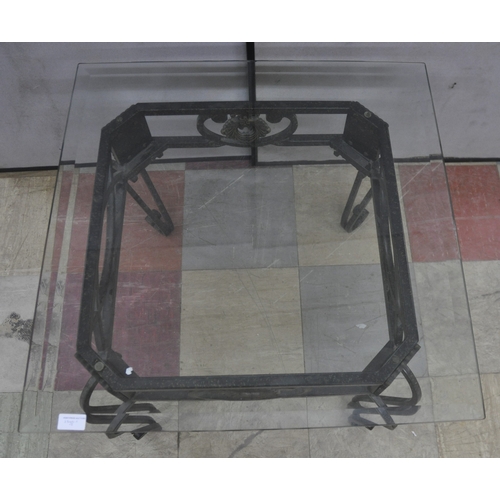 29 - IRON BASED, GLASS TOP COFFEE TABLE