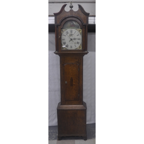 80 - OAK LONGCASE 30 HOUR GRANNDFATHER CLOCK WITH WEIGHT AND PENDULUM