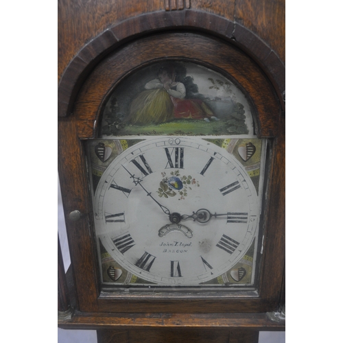 80 - OAK LONGCASE 30 HOUR GRANNDFATHER CLOCK WITH WEIGHT AND PENDULUM