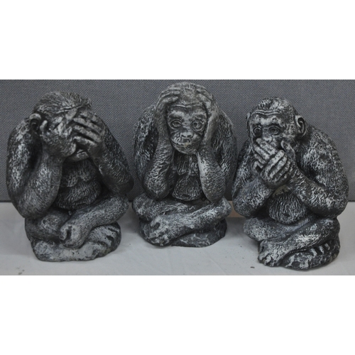 94 - 3 MONKEY GARDEN ORNAMENTS  (SEE, HEAR, SPEAK NO EVIL) AND 1 PLAQUE 