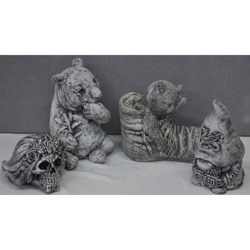 97 - 4 GARDEN ORNAMENTS - SKULL, BEAR EATING BAMBOO, KITTEN IN BOOT AND CROESO GNOME