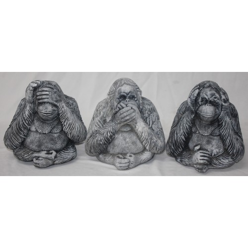 99 - 3 ORANGUTAN GARDEN ORNAMENTS; SEE, HEAR AND SPEAK NO EVIL