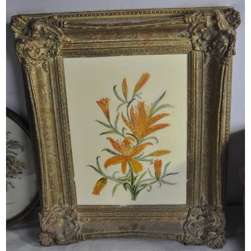 155 - EARTHENWARE POT (LID DAMAGED), DRIED FLOWERS PICTURE & GILT FRAMED OIL ON BOARD