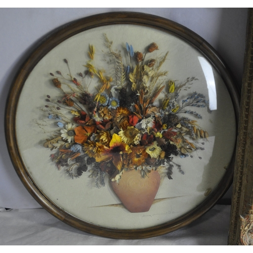 155 - EARTHENWARE POT (LID DAMAGED), DRIED FLOWERS PICTURE & GILT FRAMED OIL ON BOARD