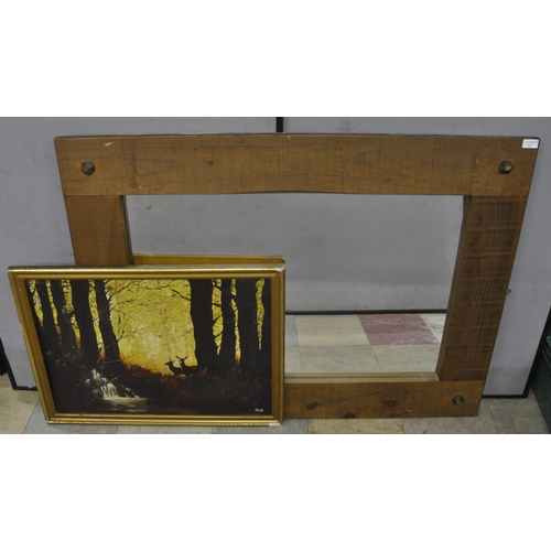 160 - LARGE PINE FRAMED MIRROR AND FRAMED PRINT