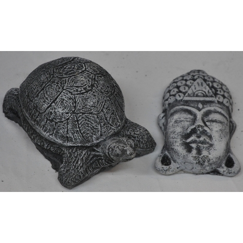 165 - 4 GARDEN ORNAMENTS - 1 TURTLE, 1 KITTEN, 1 MOLE AND 1 BUDDHA FACE