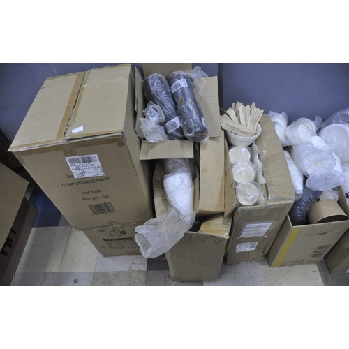 175 - QUANTITY OF DISPOSABLE PLATES, CONES, CUPS, LIDS, ETC