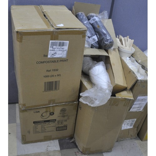 175 - QUANTITY OF DISPOSABLE PLATES, CONES, CUPS, LIDS, ETC