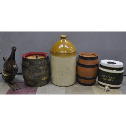 176 - EARTHENWARE JAR, SHERRY BARRELS AND GLASS BOTTLE IN STAND