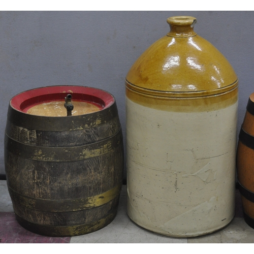 176 - EARTHENWARE JAR, SHERRY BARRELS AND GLASS BOTTLE IN STAND